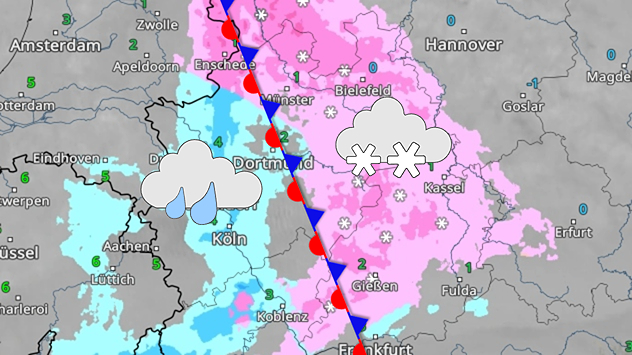 Wetterkarte mit einer Frontlinie über Deutschland. Regen im Westen, Schnee im Osten.