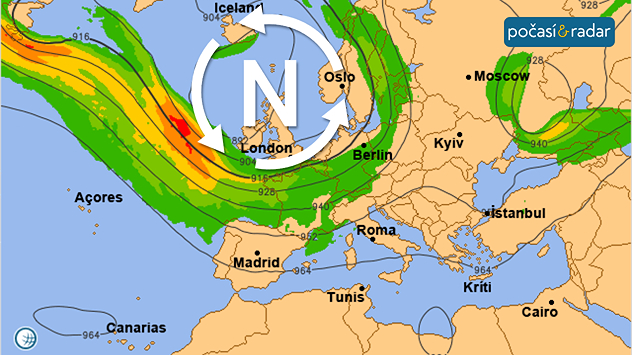 Meteorologická mapa s tlakovou níží nad Islandem a prouděním nad Evropou.