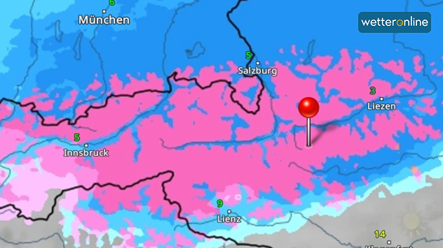 In Obertauern im österreichischen Bundesland Salzburg schneit es pausenlos weiter, wie im WetterRadar zu sehen ist.
