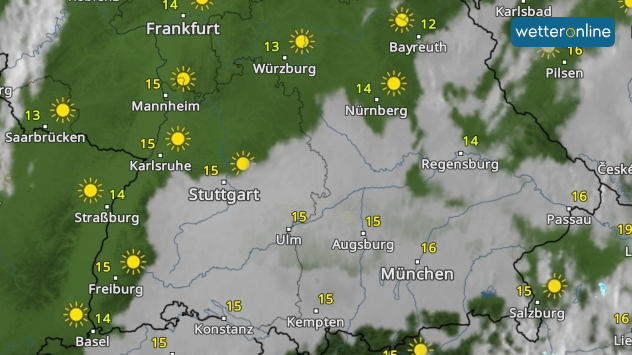 WetterRadar: Ein flache Wolkendecke überzieht Teile Süddeutschlands. Dagegen ragen unter anderem die Alpen, der Schwarzwald und die Alb aus dem Hochnebel heraus.