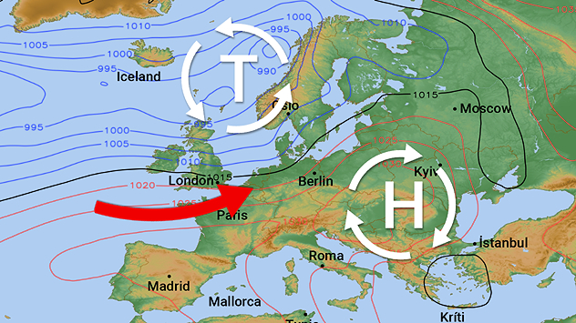 Europakarte mit Tief über dem Nordatlantik und Hoch über Osteuropa. Front zieht von Westen Richtung Frankreich und Großbritannien.