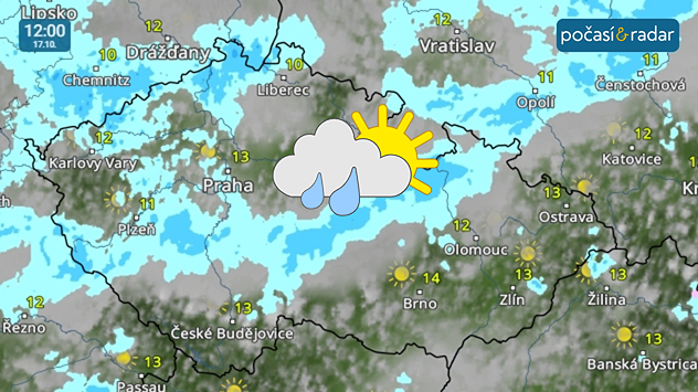 Meteoradar, screenshot, 17. 10. 12:00: V pátek bude přes Česko od severu přecházet slabá studená fronta. Nad naší zemí tak bude převládat velká oblačnost, kterou zejména v severní polovině území místy doprovodí přeháňky nebo slabý déšť.
