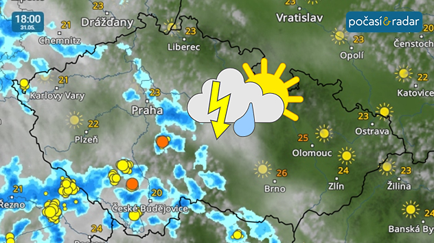 Meteoradar, screenshot, 31. 5. 18:00: V neděli se během dne zejména v jihozápadní polovině území místy setkáme s přeháňkami a bouřkami.