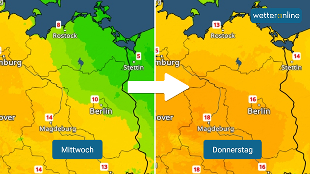 Das Bild zeigt das TemperaturRadar für den Nordosten Deutschlands. Lins ist die Situation am Mittwoch, rechts am Donnerstag.