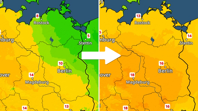Das Bild zeigt das TemperaturRadar für den Nordosten Deutschlands. Lins ist die Situation am Mittwoch, rechts am Donnerstag.
