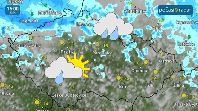 Meteoradar, screenshot, 20. dubna 16:00: Pondělí přinese chladnější počasí, hlavně v severní polovině území bude převládat velká oblačnost, kterou místy doprovodí srážky.