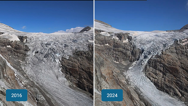 Gegenüberstellung desselben Alpengletschers in den Jahren 2016 und 2024. Die Aufnahme von 2024 zeigt deutlich weniger Eis und größere freiliegende Felsflächen.