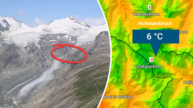 Links: Blick auf einen stark zurückgegangenen Gletscher in einer hochalpinen Berglandschaft. Ein roter Kreis markiert einen felsigen Bereich oberhalb der Gletscherzunge.; Rechts: Eine Temperaturkarte von den Hohen Tauern zeigt minus 2 Grad am Großglockner und plus 6 Grad am Hufeisenbruch.