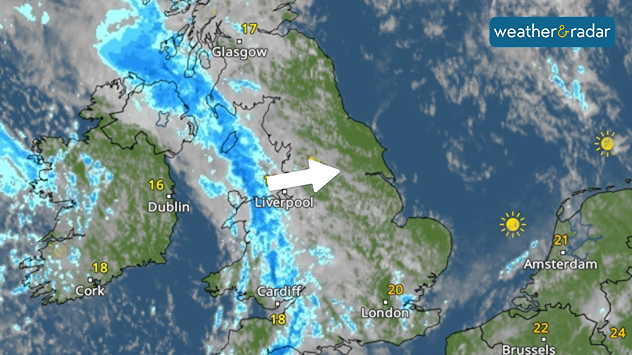 Weather map showing the UK and Ireland with a band of rain stretching from north-west Scotland down through Liverpool and Cardiff towards south Wales. Temperatures range from 16°C in Dublin to 20°C in London and 21–24°C across parts of Europe. Clearer skies with sunshine are visible over the south-east of England and mainland Europe.