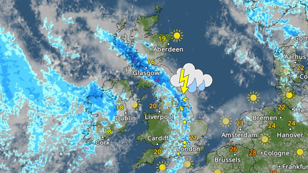 Weather map showing the UK and Ireland with a band of heavy rain and showers stretching from Scotland down through Liverpool, Cardiff, and into southern England. A thunderstorm symbol is marked over north-east England. Temperatures range from 16°C in Glasgow to 21°C in London, with warmer conditions on the continent reaching 28°C in Brussels. Clearer, sunnier skies are shown over eastern England and mainland Europe.