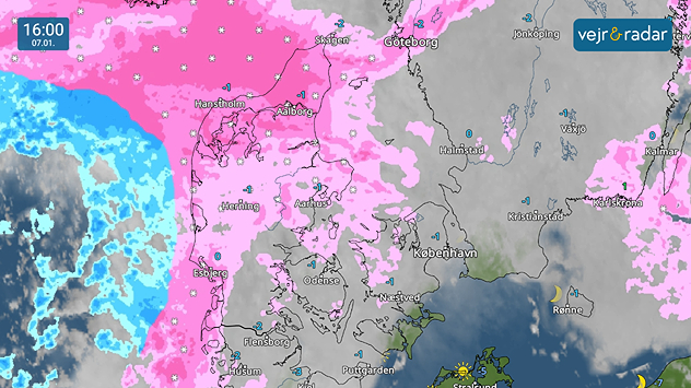 Vejrradar over Danmark kl. 16.00, der viser udbredt sne og vinterlig nedbør ind over landet fra vest.