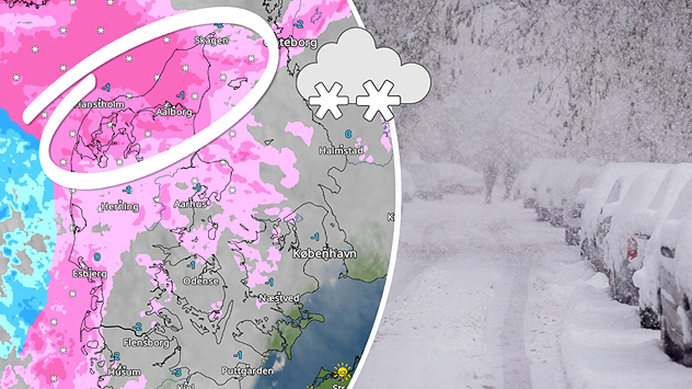 Kombineret grafik med vejrradar over Danmark og foto af snedækket vej, der viser kraftigt snefald i Nordjylland.
