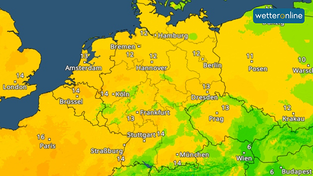 Temperaturkarte Mitteleuropas mit weit verbreiteten 12–14 Grad und kühleren Bereichen im Südosten.