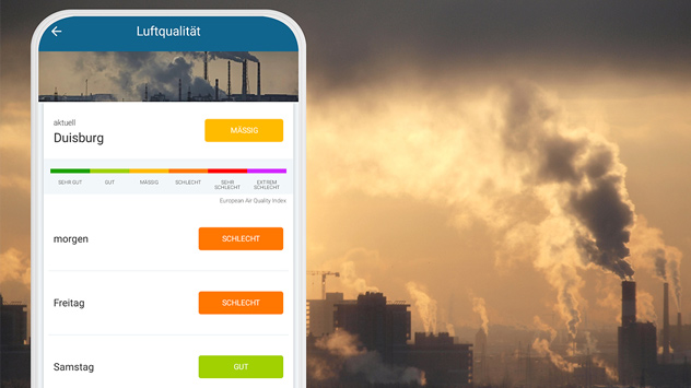AQI Ansicht App für Duisburg - schlechte Luft - Hintergrund Industrieanlage