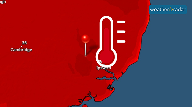 Temperature map of eastern England showing extreme heat around Ipswich and nearby areas, with temperatures reaching 36°C near Cambridge and a large red thermometer icon highlighting intense heat.