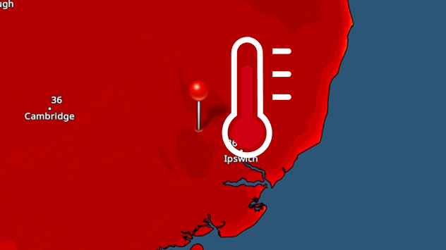 Temperature map of eastern England showing extreme heat around Ipswich and nearby areas, with temperatures reaching 36°C near Cambridge and a large red thermometer icon highlighting intense heat.