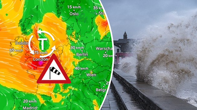 À gauche, WindRadar montre une dépression tempétueuse au-dessus des îles britanniques, accompagnée de vents violents. À droite, de hautes vagues viennent se briser contre une digue. Un symbole d'alerte signale la présence d'une tempête.