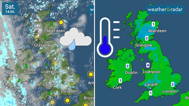 Split image showing a UK weather radar with scattered rain and cloud on the left, and a temperature map on the right with values around 1–4 °C across the UK and Ireland, plus a blue thermometer icon.