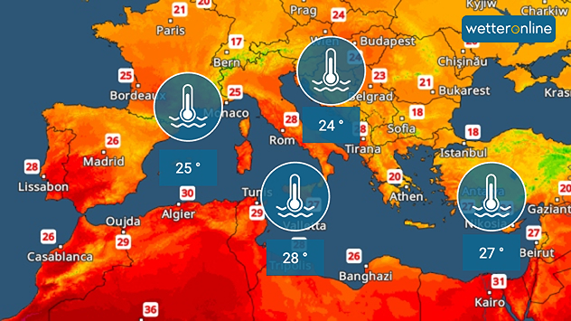 Mapa de la cuenca mediterránea con temperaturas del agua de entre 24 y 28 grados.