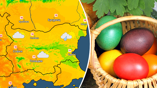 Отляво: Температурна карта за страната за Великден. По-топло ще е над западна България, докато на изток ще остане хладно. Отдясно: Снимка на кошница с яйца