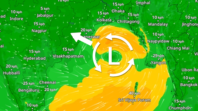 Wind map showing low pressure over the Bay of Bengal, with cyclonic circulation and stronger winds reaching 40 kph near Sri Vijaya Puram.