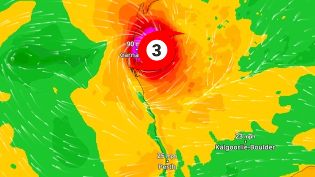 Map showing Cyclone Narelle off the coast of Western Australia. Strong winds of over 140 km/h near Carnarvon. The colours indicate the intensity and extent of the storm.