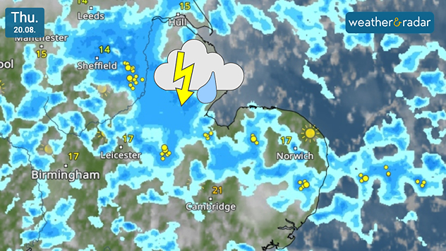 Weather radar map for Thursday 20.08 showing widespread showers and thunderstorms across eastern England, with lightning strikes around Sheffield, Leicester, Cambridge and Norwich.