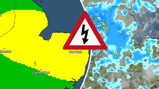 Split weather graphic showing a yellow thunderstorm warning across eastern England alongside radar with heavy showers and lightning near Sheffield, Leicester and East Anglia.