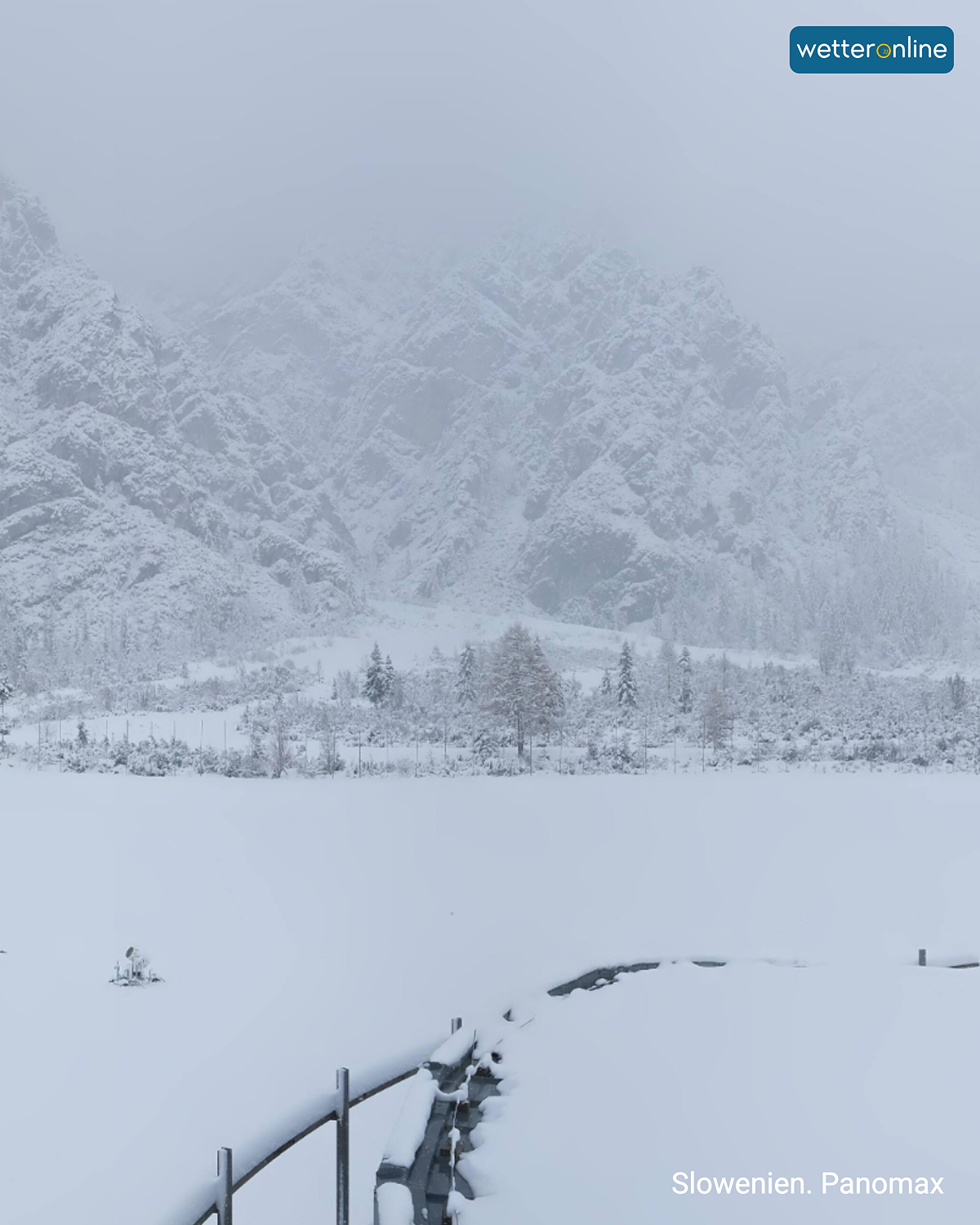 Verschneite Berglandschaft in Slowenien mit Nebel und ruhiger Winterstimmung.