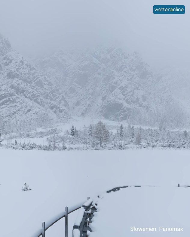 Verschneite Berglandschaft in Slowenien mit Nebel und ruhiger Winterstimmung.