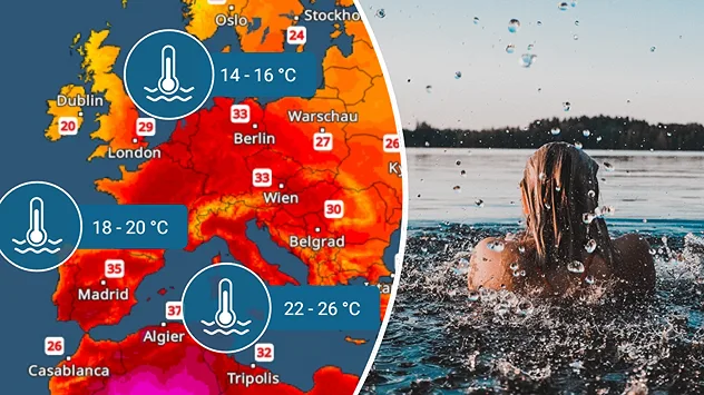 TemperaturRadar für Europa, bei dem Wassertemperaturen im Mittelmeer und im Atlantik eingezeichnet sind.
