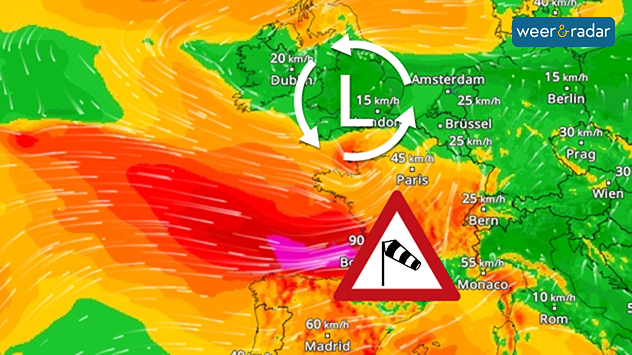 Windkaart van West-Europa met een zware storm boven de Golf van Biskaje. Bij Bordeaux wordt een windsnelheid van ongeveer 90 km/u gemeten. Grote delen van Frankrijk worden getroffen door harde wind.