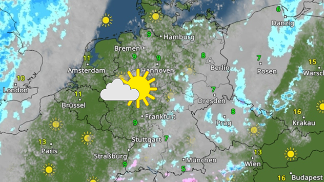 Wetterkarte von Deutschland mit Sonne im Westen und Wolken sowie Schneeschauern im Osten. Temperaturen zwischen etwa 5 und 11 Grad.