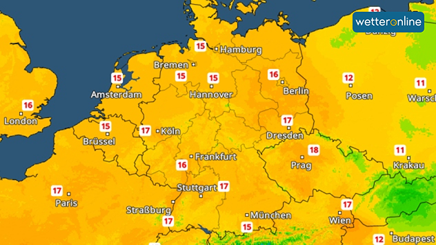 Wetterkarte mit Temperaturen um 15 bis 17 Grad über Mitteleuropa.