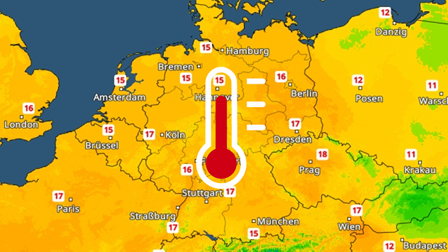 Wetterkarte mit Temperaturen um 15 bis 17 Grad über Mitteleuropa.