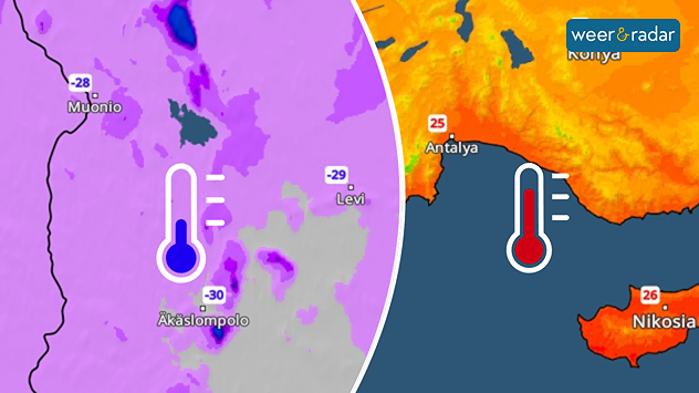 De verschillen tussen Noord- en Zuid-Europa zijn enorm. De linkerkaart toont diepvriestemperaturen tot -30 graden in Lapland, de rechterkaart toont temperaturen van ruim 25 graden in het zuiden van Turkije en op Cyprus.