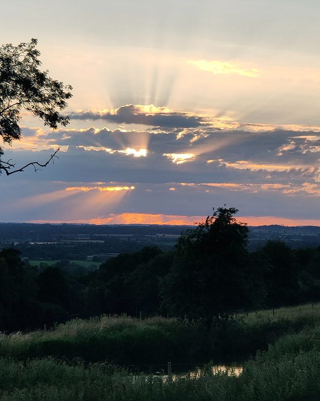 Golden crepuscular rays streaming through layered clouds at sunset above a rolling countryside, with silhouetted trees, grassy fields, and warm orange light along the horizon.