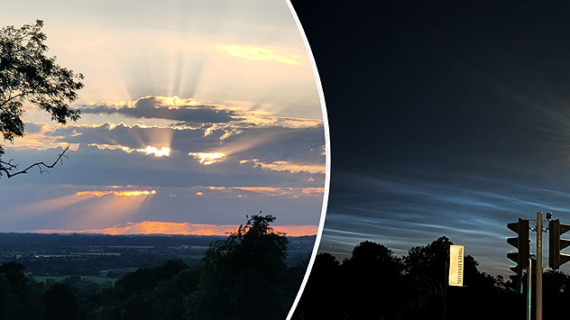 Split image showing golden crepuscular rays streaming through sunset clouds over the countryside on the left, and glowing blue noctilucent clouds above silhouetted trees and traffic lights at twilight on the right.