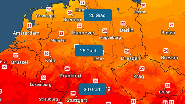TemperaturRadar zeigt Temperaturen, die von Süden nach Norden abnehmen
