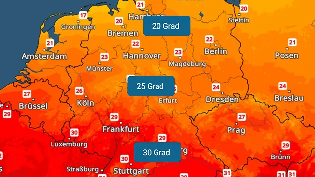 TemperaturRadar zeigt Temperaturen, die von Süden nach Norden abnehmen