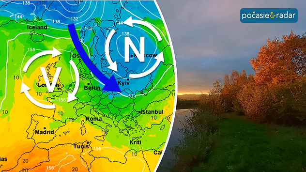 Vľavo synoptická situácia s okrajovým vpádom arktického vzduchu od severu, vpravo farebné stromy v údolí Hrona.