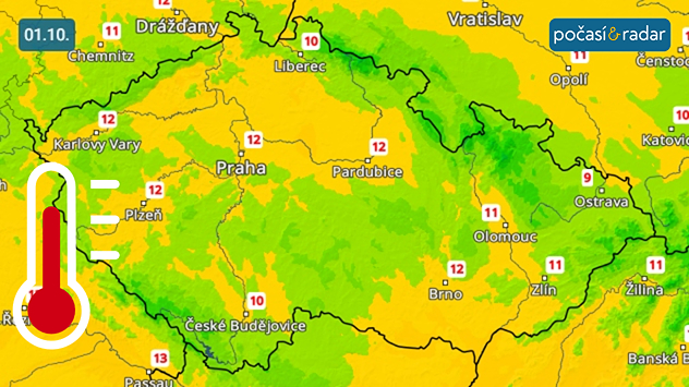 Předpověď maximálních teplot v Česku na středu 1. 10. Chladné budou i dny, nejvyšší denní teploty se budou šplhat nejčastěji k 10 až 15 °C.