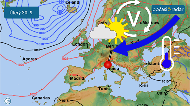 Předpověď synoptické situace nad Evropou na úterý 30. 9. Počasí v Česku bude v nejbližších dnech pod vlivem rozsáhlé tlakové výše se středem nad severovýchodní Evropou, kolem níž k nám bude proudit studený vzduch od severovýchodu.