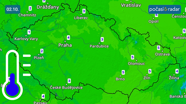 Předpověď minimálních teplot v Česku na úterý 2. 10. Čekají nás velmi chladné noci, minimální teploty budou klesat až k bodu mrazu.