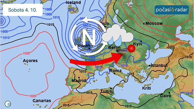 Předpověď synoptické situace nad Evropou na sobotu 4. 10. Na závěr týdne bude ze západní do střední Evropy pravděpodobně postupovat oblast nízkého tlaku vzduchu. Ta k nám přinese velkou oblačnost se srážkami, ale zároveň i oteplení.
