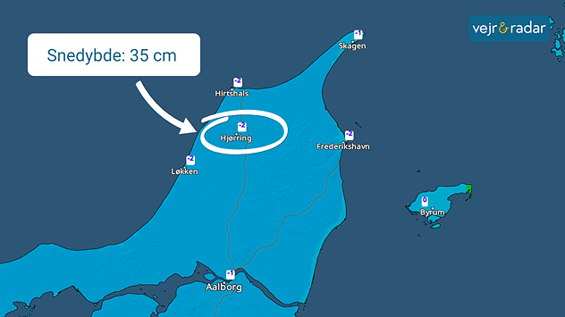 Kort over Nordjylland der viser snedybde på 35 cm ved Hjørring, markeret på vejrkort fra VejrRadar.