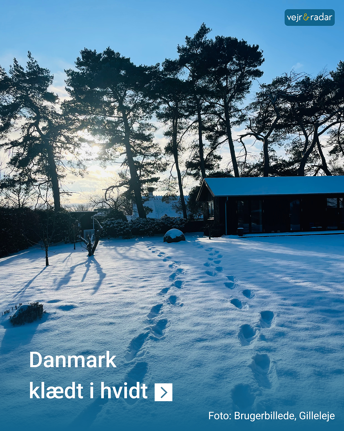 Sneklædt have i Danmark med fodspor i sneen og vintersol, der illustrerer vintervejr og snefald.