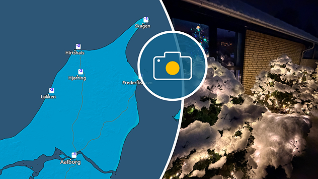 Kombineret grafik med snedybdekort over Nordjylland og foto af sneklædt have ved bolig om aftenen.