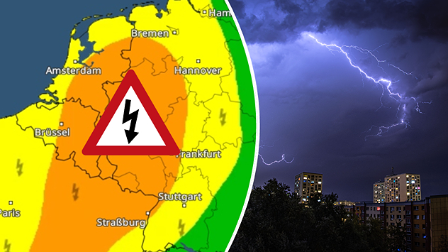 Splitbild. Links eine Earnkarte vor Gewittern - rechts ein Blitz in der Nacht