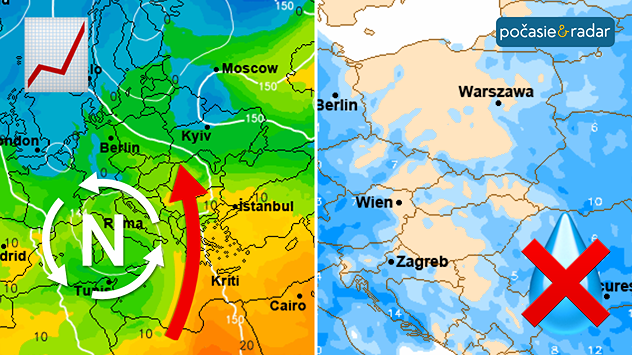 Porovnanie synoptickej situácie a úhrnu zrážok: tlaková níž s prílevom teplého vzduchu a mapa s minimálnymi zrážkami